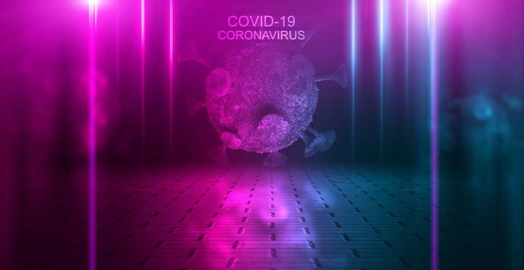 Neon hologram of the pathogen of the coronavirus COVID-2019 on an abstract futuristic background. The deadly type of virus is 2019-nCoV.